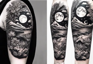 full sleeve tattoo, jungle plants, ocean, moon tattoo idea