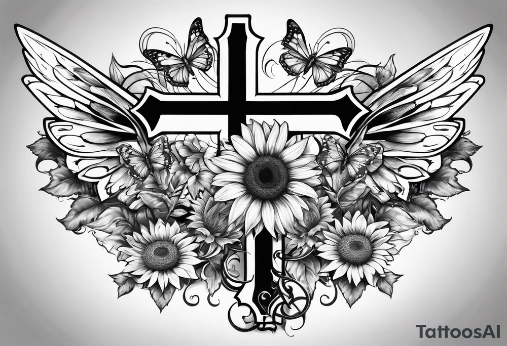 Winged cross with sunflower and butterflies tattoo idea