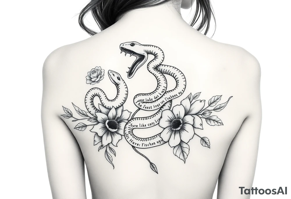 Gangster medusa snakes coming out of hair with flowers and quotes tattoo idea