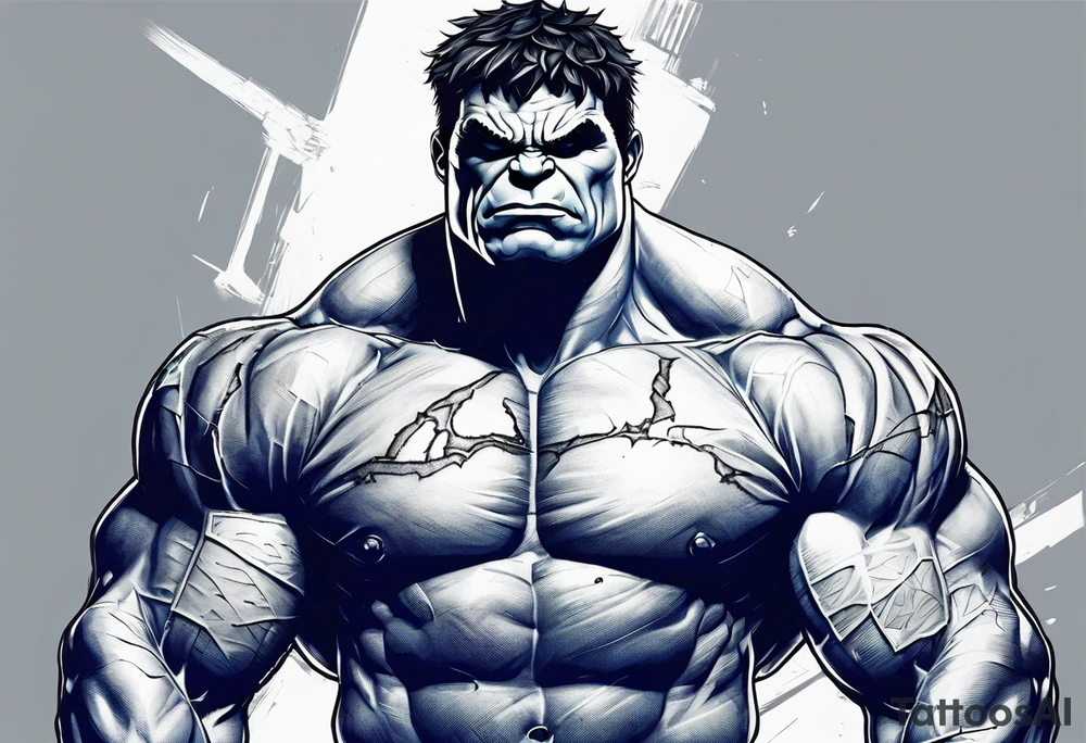 The hulk, wearing a dark blue police shirt and pants. The shirt and pants tattered at the arms and knees. Hulk is visible from head to toe tattoo idea