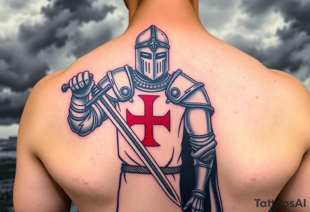 A fierce Templar knight in full armor, gripping a longsword, with a red cross emblazoned on his white tunic, standing against a stormy battlefield. tattoo idea