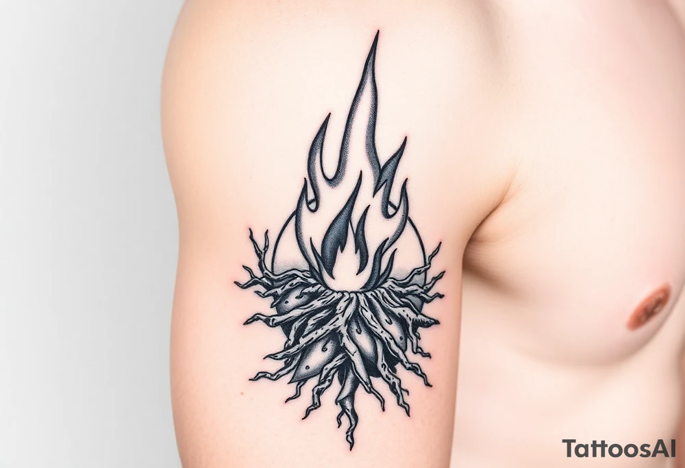 flame in a roots sphere tattoo idea