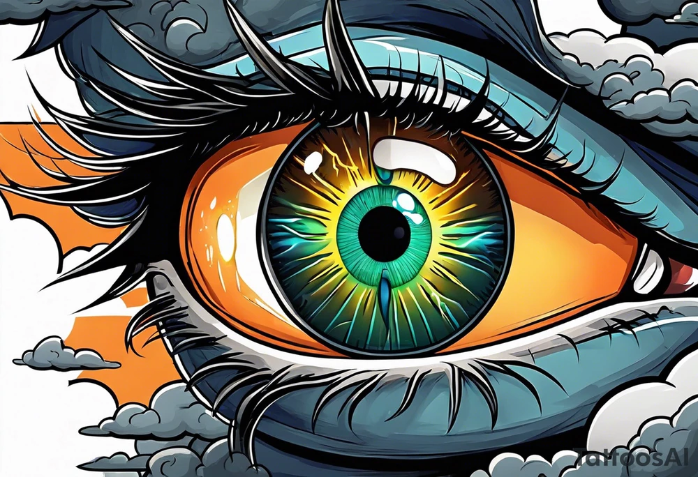 simple eyeball with a blue/green iris on top of dark stormy clouds with orange/yellow lightning coming from the clouds tattoo idea