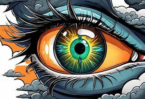 simple eyeball with a blue/green iris on top of dark stormy clouds with orange/yellow lightning coming from the clouds tattoo idea