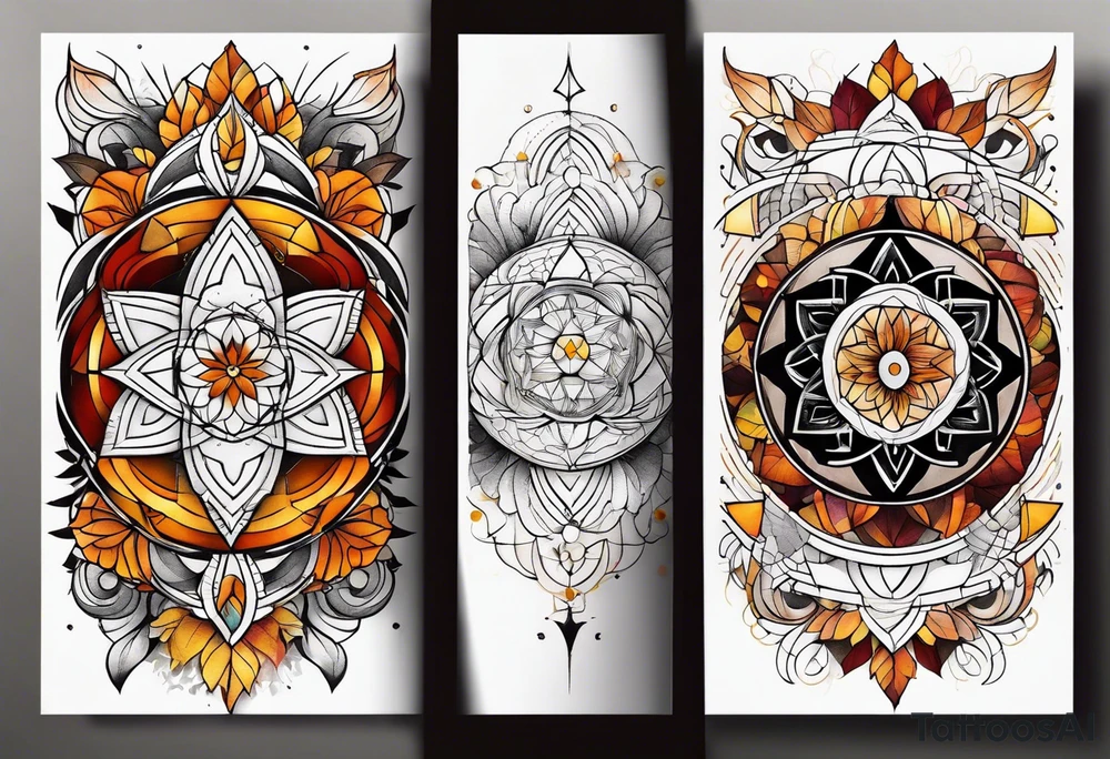 knee tattoo with sacred geometry,  swirl washes in background in fall colors tattoo idea