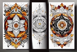 knee tattoo with sacred geometry,  swirl washes in background in fall colors tattoo idea