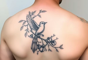wind up bird in persimmon tree with lots of fruits and branches tattoo idea