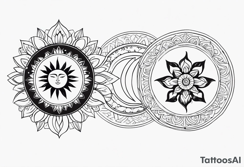 Sun and moon spiritual tattoo for an arm sleeve with a mandala and flowers tattoo idea