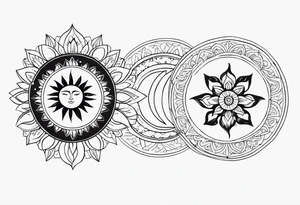 Sun and moon spiritual tattoo for an arm sleeve with a mandala and flowers tattoo idea