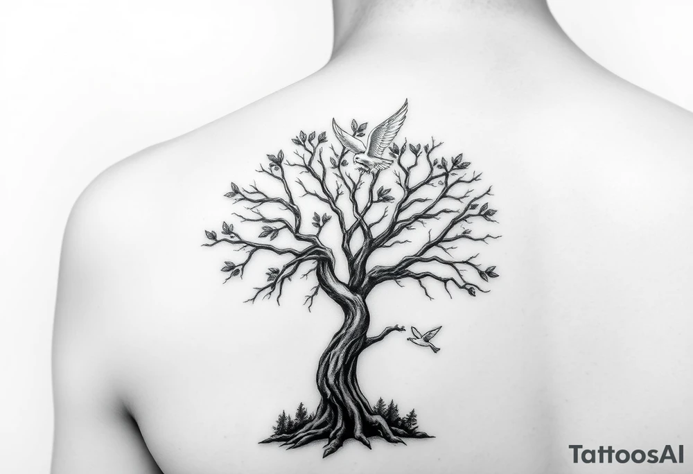 A black and grey realism tattoo design strictly placed on the shoulder. Sun rays radiate from the top of the shoulder, while a serene forest scene is located at the bottom of the shoulder. A prominent poison tree with twisted and gnarled branches is placed in the foreground, symbolizing duality and mystery. A white dove in mid-flight is positioned slightly above or near the tree, symbolizing peace and hope. The design should feature intricate shading, high contrast, and a balance of realism and artistic flair, perfectly fitting the shoulder anatomy." tattoo idea