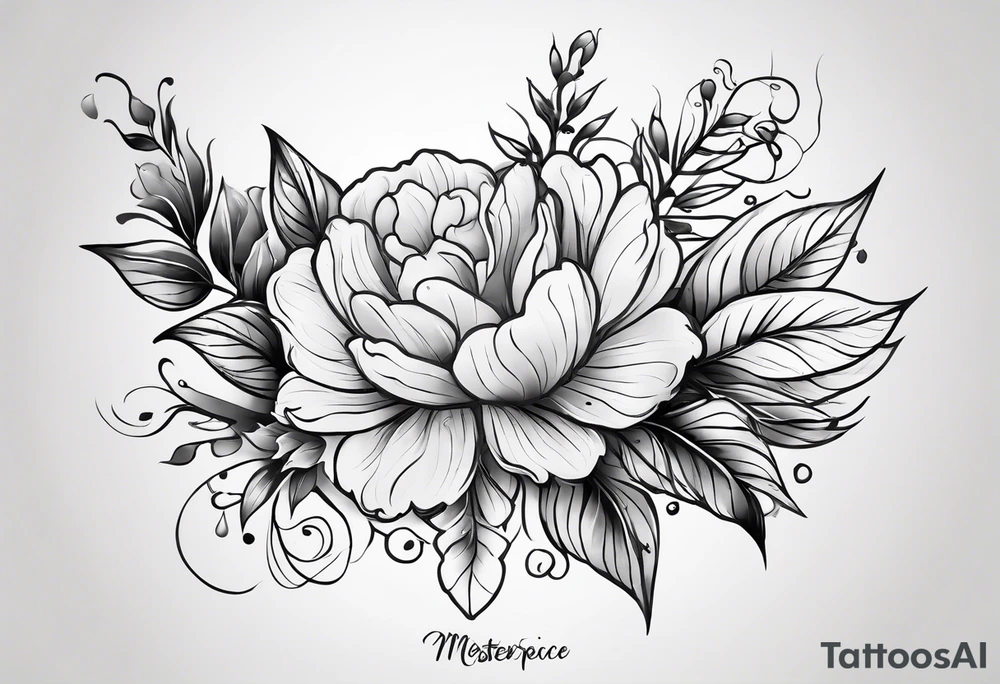 shoulder tattoo that have flowers, leaves, stems that go down the back, down the side arm, and towards the collarbone. i also want “no rain no flowers” included somewhere tattoo idea