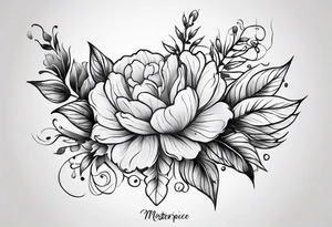 shoulder tattoo that have flowers, leaves, stems that go down the back, down the side arm, and towards the collarbone. i also want “no rain no flowers” included somewhere tattoo idea