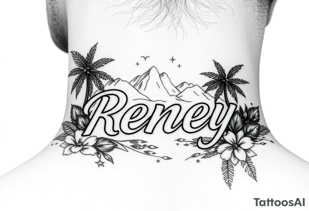 The name reney surrounded by tropical scenery tattoo idea