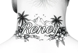 The name reney surrounded by tropical scenery tattoo idea