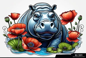 Hippopotamus, poppies, water lilies, tattoo idea