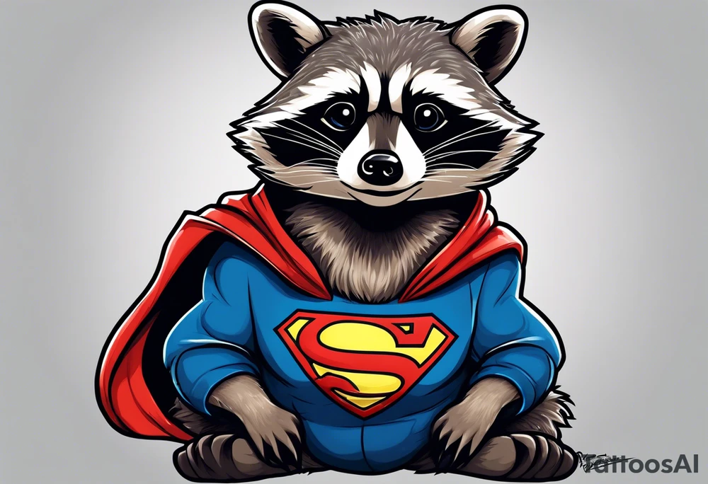 raccoon wearing a Superman hoodie tattoo idea