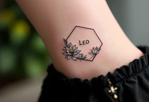 Leo sign, larkspur and water lily surrounded by a hexagon tattoo idea