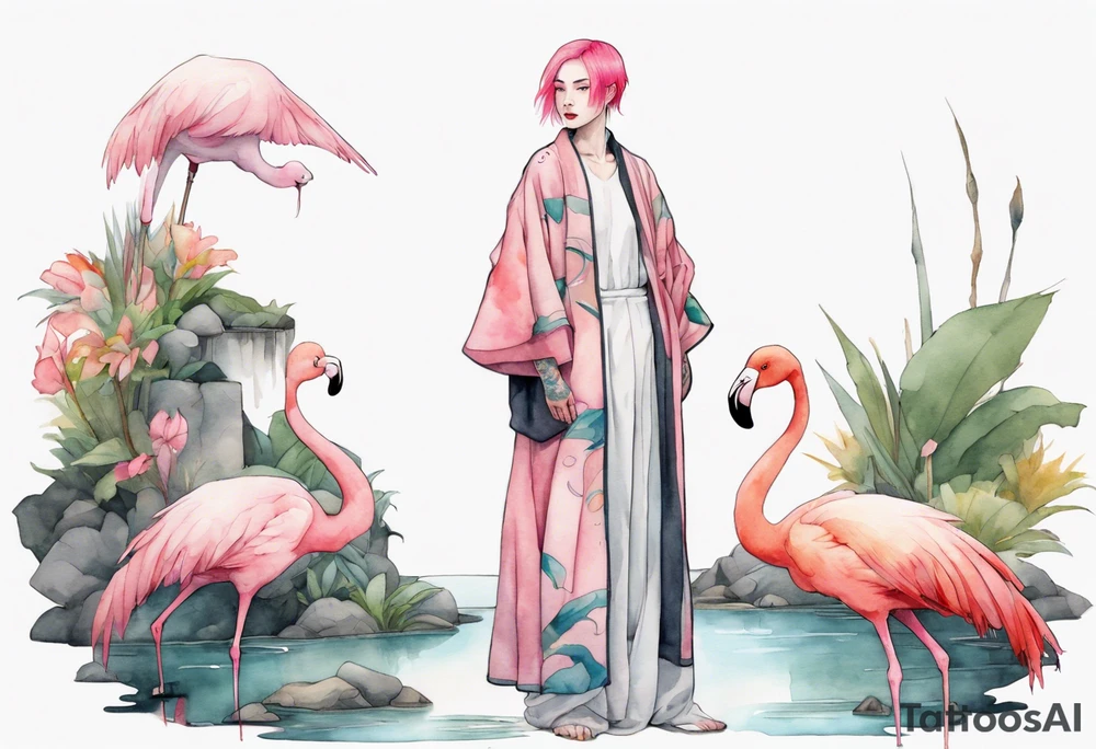 a nonbinary person with pink hair wearing a rainbow medieval robe standing next to a single flamingo near a pond tattoo idea