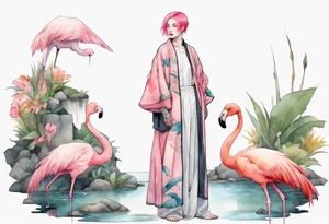 a nonbinary person with pink hair wearing a rainbow medieval robe standing next to a single flamingo near a pond tattoo idea