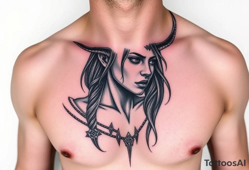 Feminine Tattoo dark female warrior with realistic horns just barley touching collarbone with a lot of shading tattoo idea
