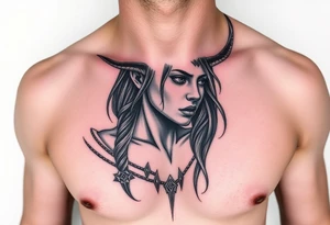 Feminine Tattoo dark female warrior with realistic horns just barley touching collarbone with a lot of shading tattoo idea