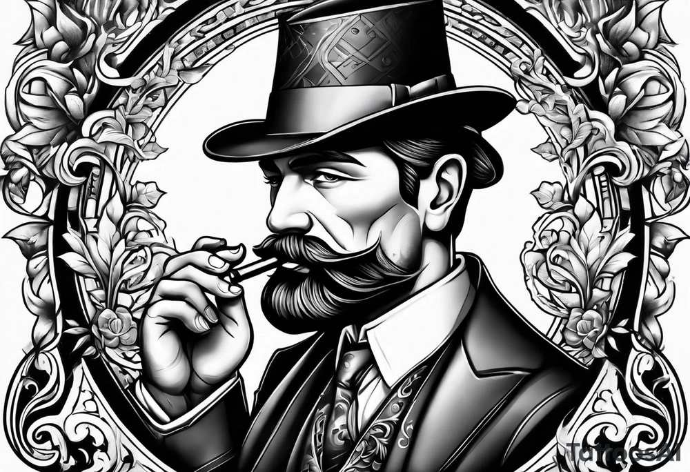 Neotraditional man smoking a pipe tattoo idea