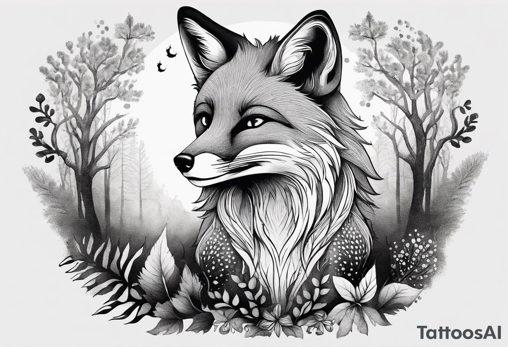 A playful fox with a bushy tail, set in a lush forest, illustrating cleverness and adaptability.” tattoo idea