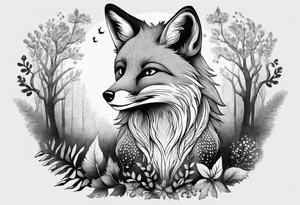 A playful fox with a bushy tail, set in a lush forest, illustrating cleverness and adaptability.” tattoo idea