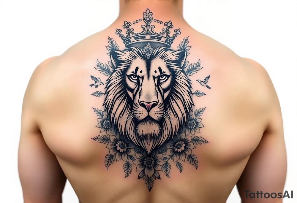 powerful majestic lion with a crown, surrounded by floral oranaments and birds tattoo idea