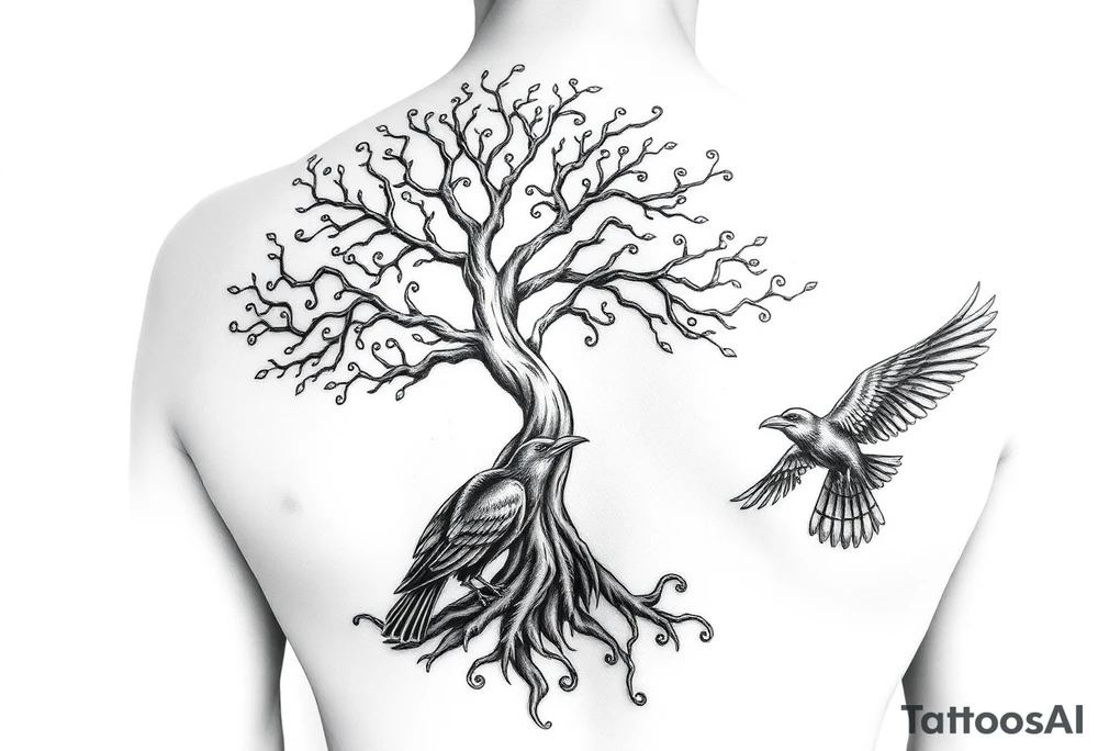 Irish shoulder tattoo, that is non-religious and has a Celtic tree and tribal ravens tattoo idea