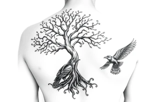 Irish shoulder tattoo, that is non-religious and has a Celtic tree and tribal ravens tattoo idea