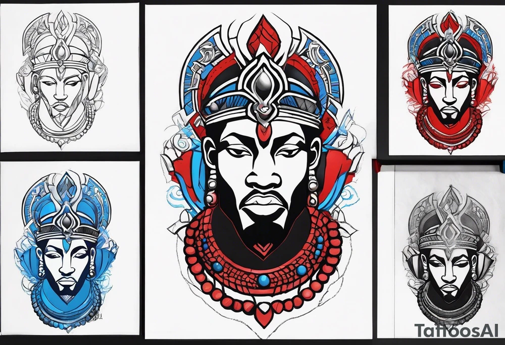 Black-skinned african god of war with a small silver crown, no armor, and two ball necklaces: one blue, other red tattoo idea
