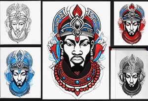 Black-skinned african god of war with a small silver crown, no armor, and two ball necklaces: one blue, other red tattoo idea