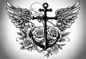 An anchor with a large S through the anchor. Angle wings on the left and right side. Roses below the anchor. Waves in the back ground tattoo idea