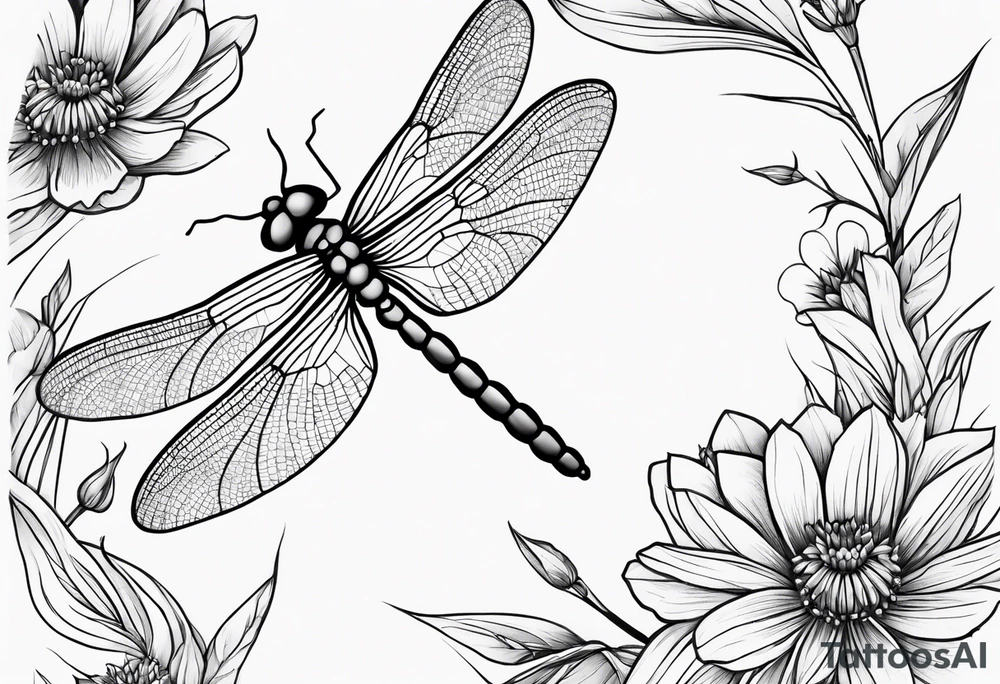 Dragonfly in flight wildflowers simplistic minimalist tattoo idea Dragonfly in flight wildflowers simplistic minimalist tattoo idea
