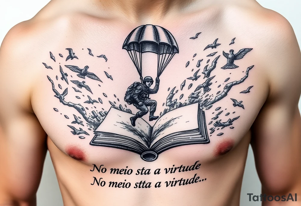 A parachuting soldier landing into an open book. Chaos surrounding, but the book is protecting the soldier from it. On the chest. Make it smaller. Make it thought provoking. "No meio esta a virtude" underneath the book tattoo idea