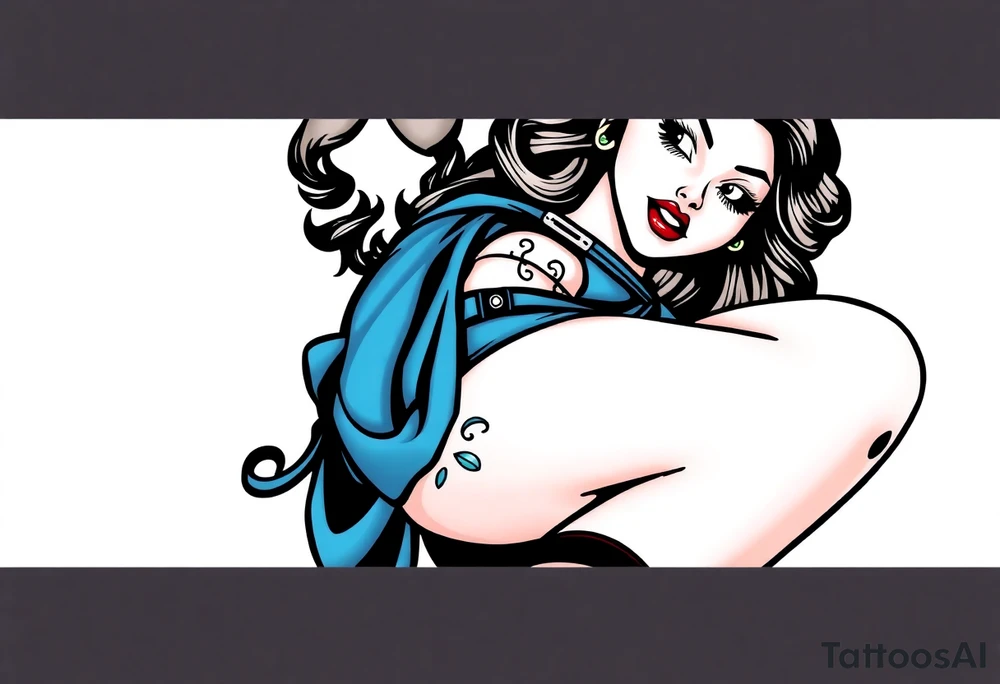 Stylized comic book woman in bondage on thigh tattoo idea