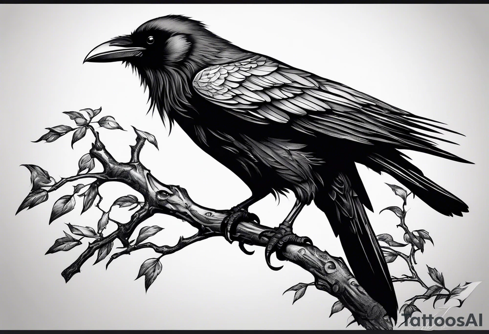 raven perched on branch tattoo idea