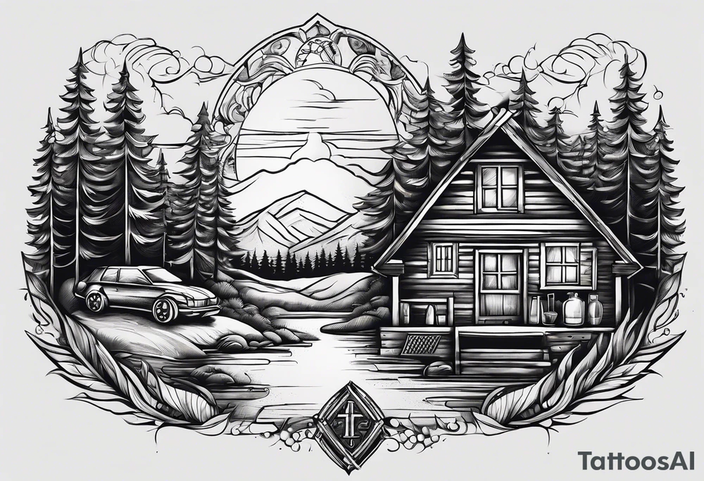 cross with whiskey glass, golf club, camp fire and cabin in the quandrants tattoo idea
