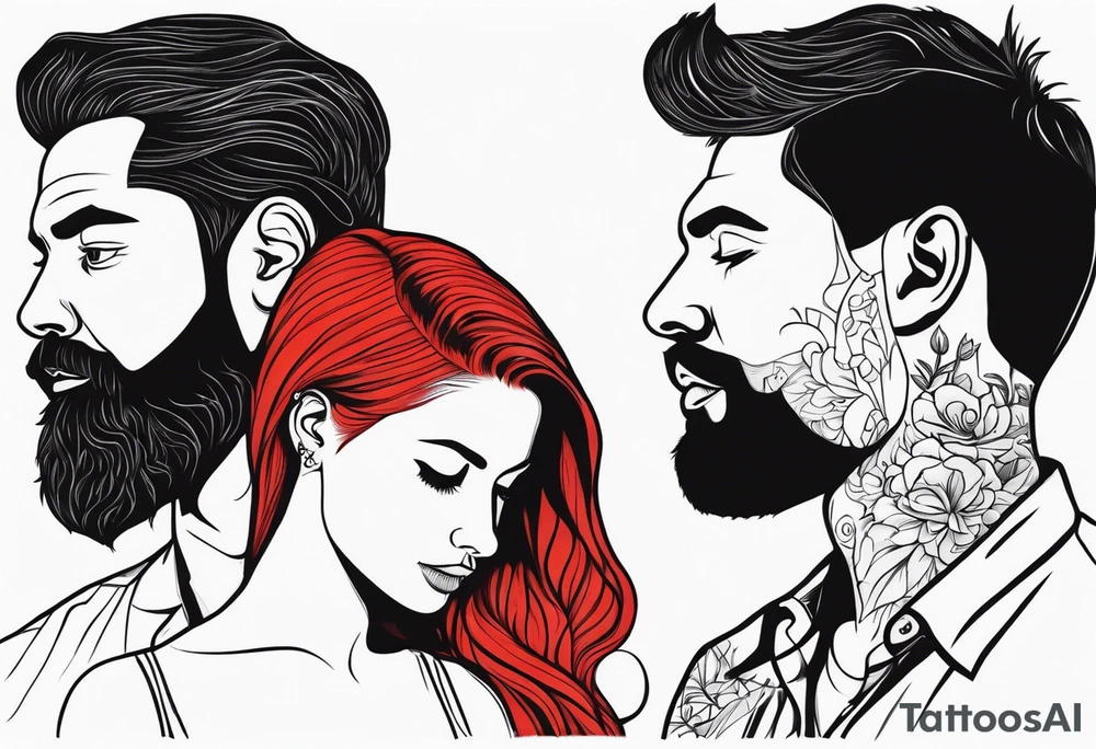 Busty red haired woman with a bearded man who has black hair tattoo idea