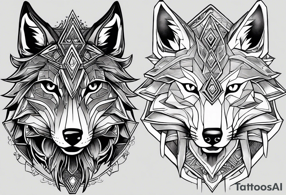 Legend of zelda link wolf in side profile muzzle facing th ebottom 
, in the center of his forhead is a diamond shape with a dot in the middle done in the style of black line work.  His mouth should be open snarling tattoo idea