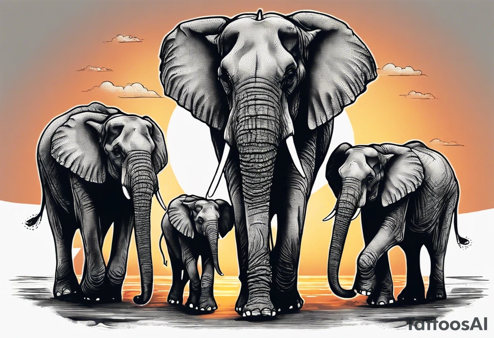 family of 6 elephants walking into sunset after one of them has died tattoo idea