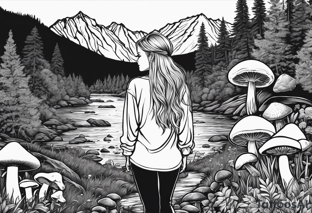 Whole picture encircled fully

Straight long blonde hair hippie girl in distance holding mushrooms in hand facing away toward mountains and creek surrounded by mushrooms long sleeve shirt and hiking pants; whole rendering within a full circle, no cut off circle tattoo idea