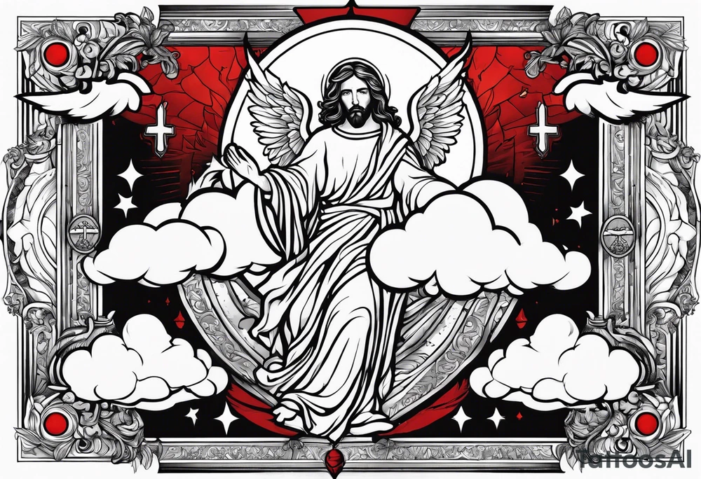 Clouds with angels in them and Jesus below with a thorncrown and a red blood tear tattoo idea