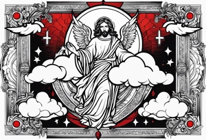 Clouds with angels in them and Jesus below with a thorncrown and a red blood tear tattoo idea