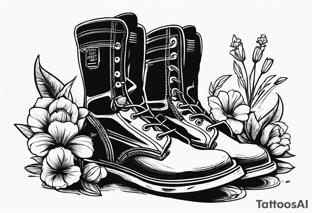 dads work boots sitting with tools and a beer behind or near it and flowers growing out of the boots. tattoo idea