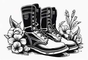 dads work boots sitting with tools and a beer behind or near it and flowers growing out of the boots. tattoo idea