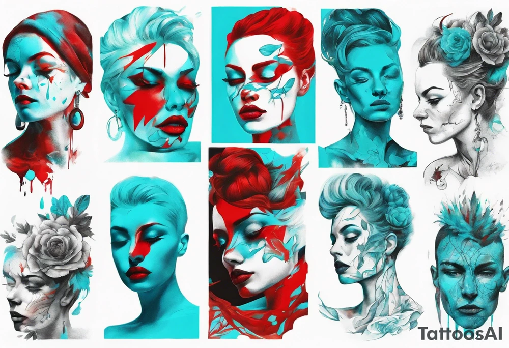 an art in the style of abstract portraits, textured pigment planes, red and cyan, stencil art, full white background, include seed tattoo idea