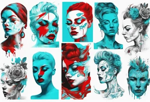 an art in the style of abstract portraits, textured pigment planes, red and cyan, stencil art, full white background, include seed tattoo idea