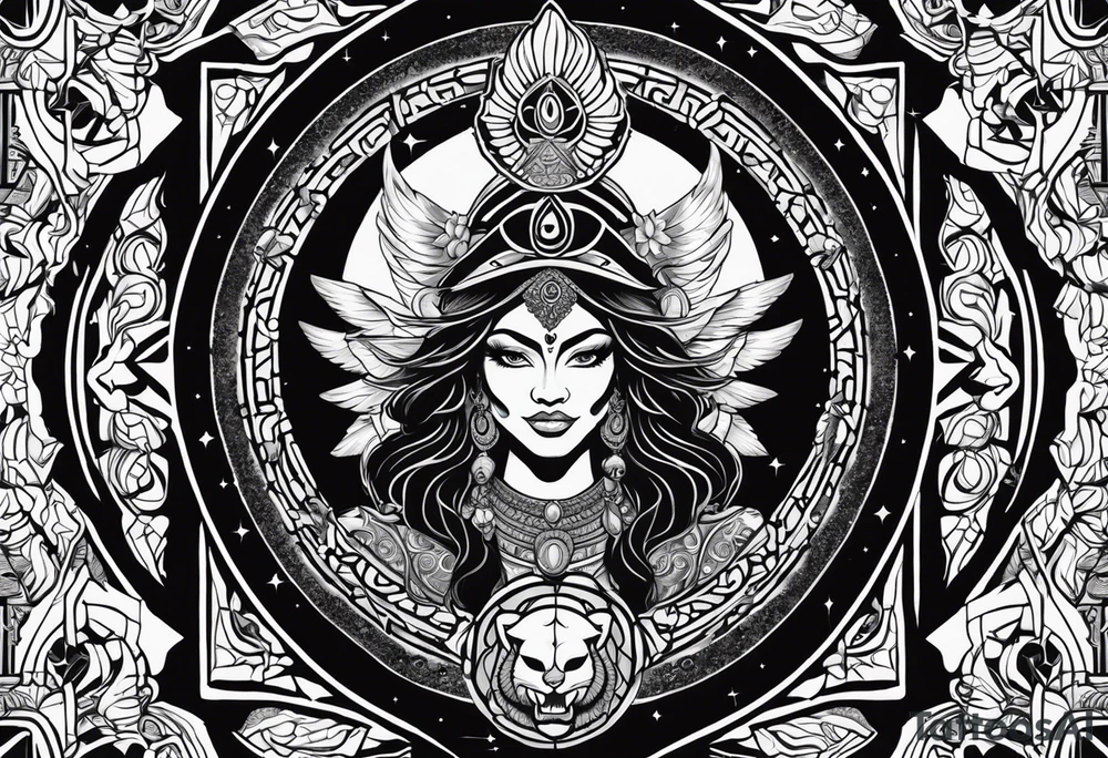 black kali, goddess pirate, alien, angel, pachamama, valkrye, warrior, flying, skull, lotus azul, wing, eagle, zenza resonance, stars, 5D, anahata chakra, death, durga, riding on a tiger, flying lady, kundalini, chest tatoo, samuri, rebel,serpent tattoo idea